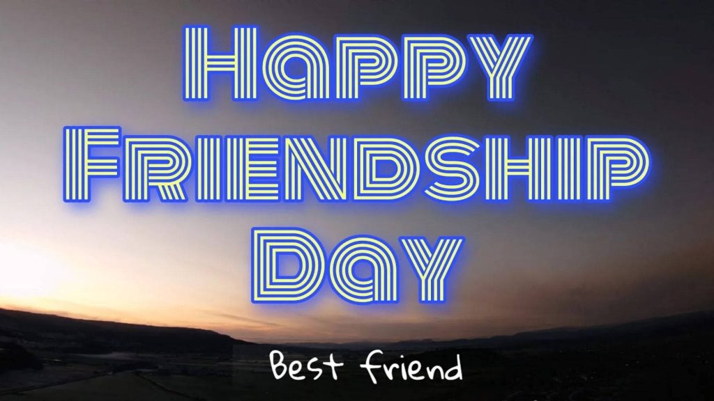 Happy Friendship Day wallpaper with bold striped text and sunset silhouette background design
