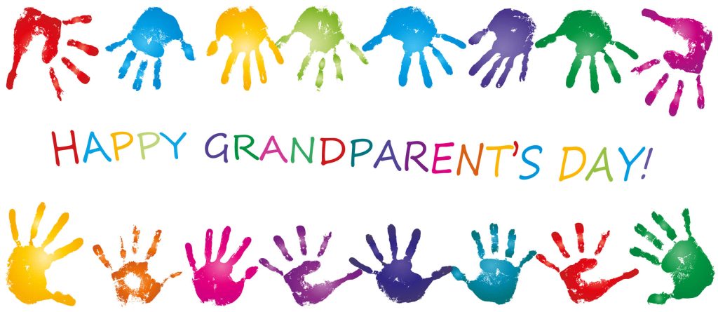 Happy Grandparents Day wallpaper with colorful handprint border on white background festive design