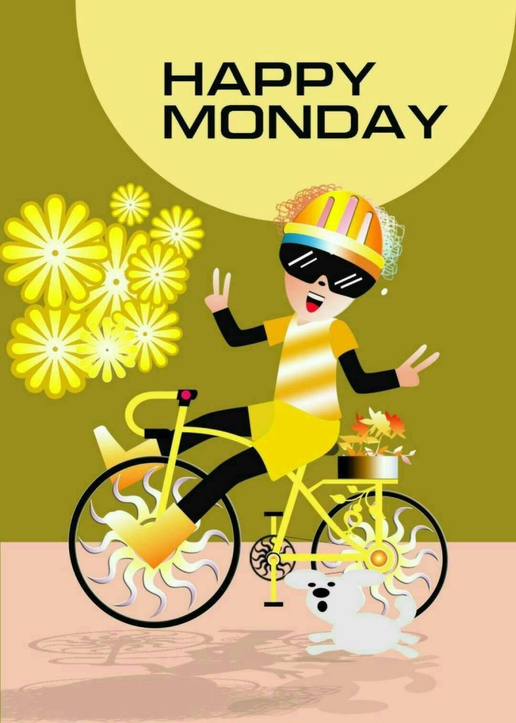 Happy Hippie Monday wallpaper with cyclist on yellow bike and retro flower background vibrant
