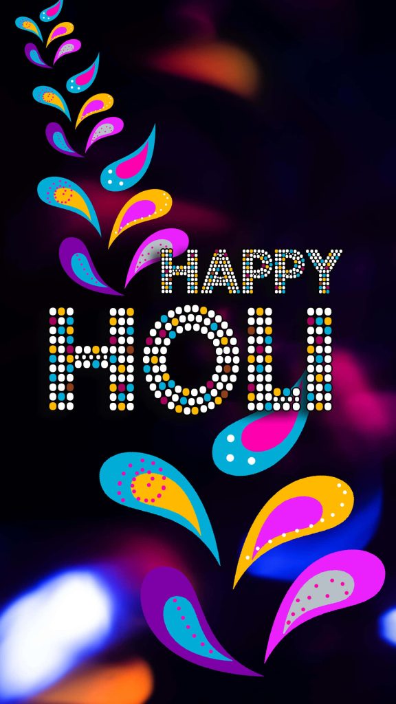 Happy Holi wallpaper with colorful dot-matrix text and paisley motifs on dark bokeh background