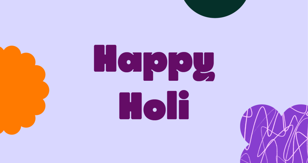 Happy Holi wallpaper with bold purple text on lavender background with orange and purple shapes