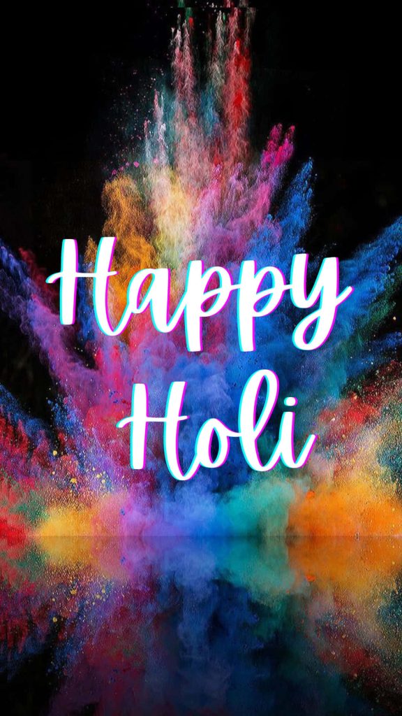 Vibrant Happy Holi wallpaper with multicolored powder explosion on black background festive art