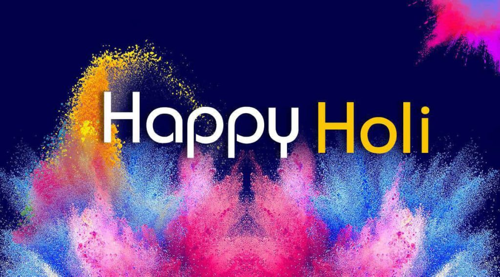 Happy Holi wallpaper with vibrant multicolored gulal powder burst on deep blue festive background