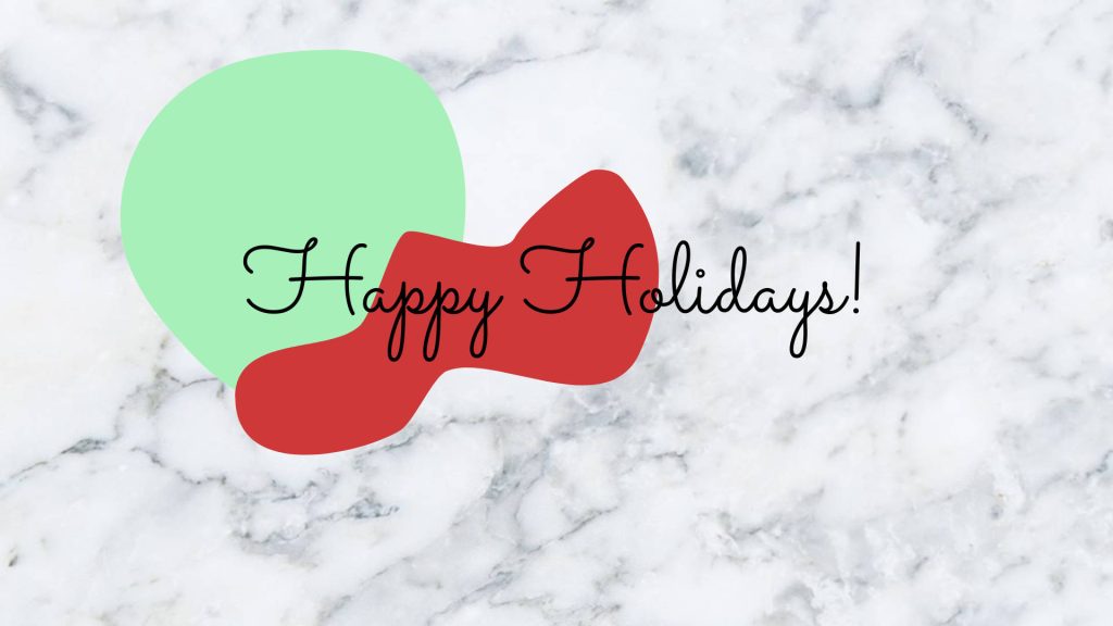 Happy Holidays greeting wallpaper with black script on red and green shapes over white marble background