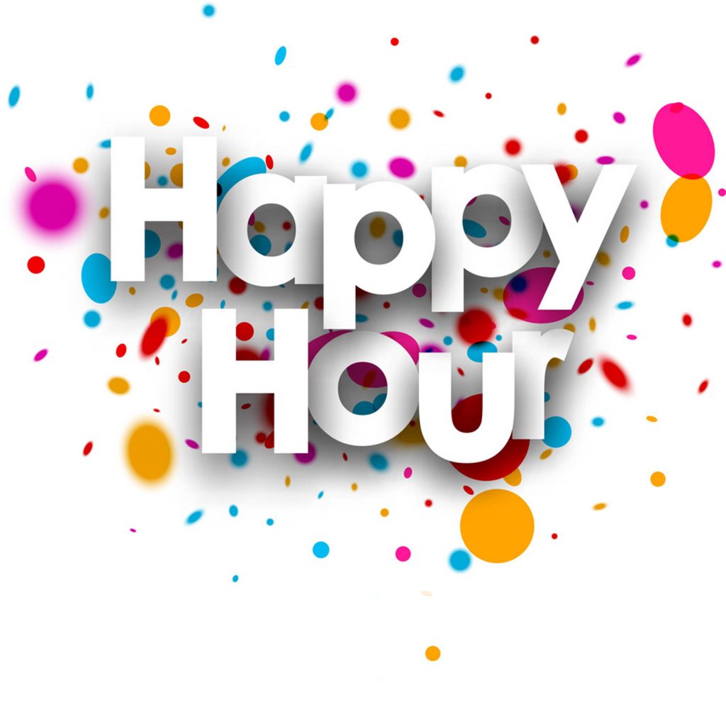Happy Hour 3D text with colorful paint splashes and confetti festive digital wallpaper background