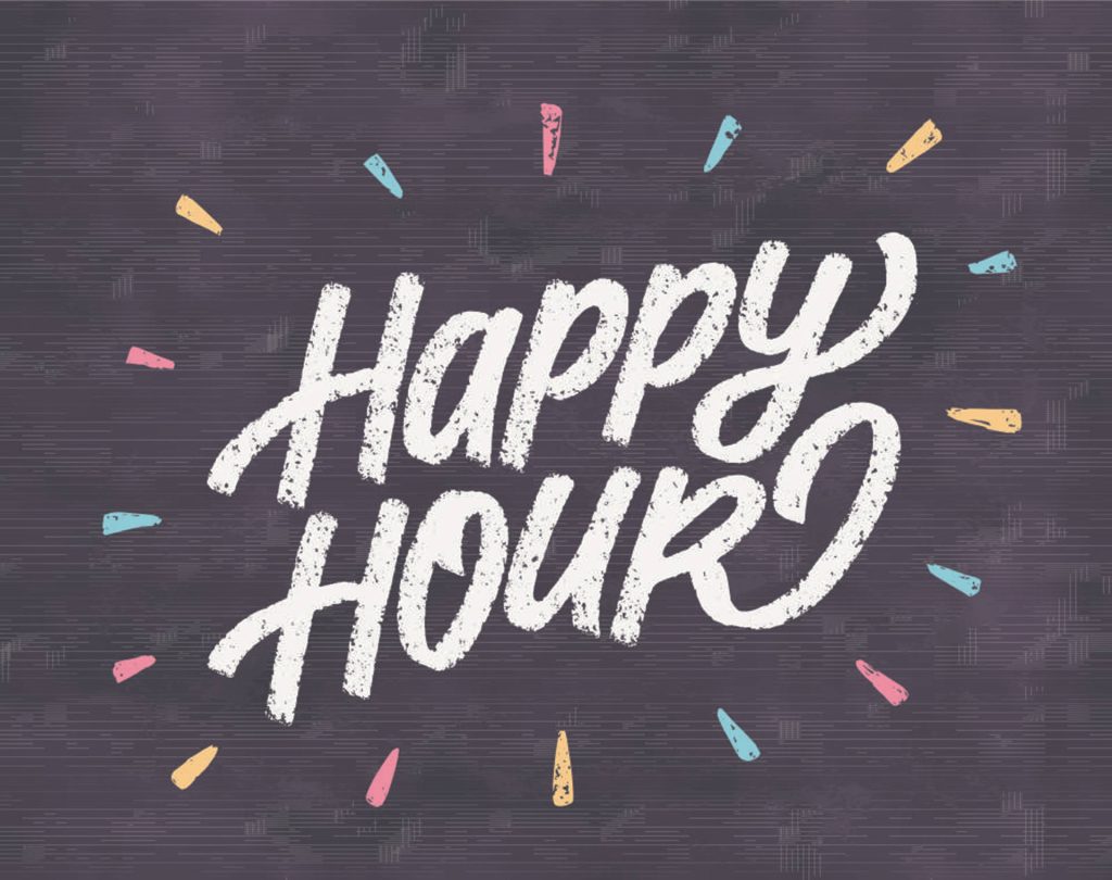 Happy Hour wallpaper with white chalk text and pastel confetti on dark textured blackboard background