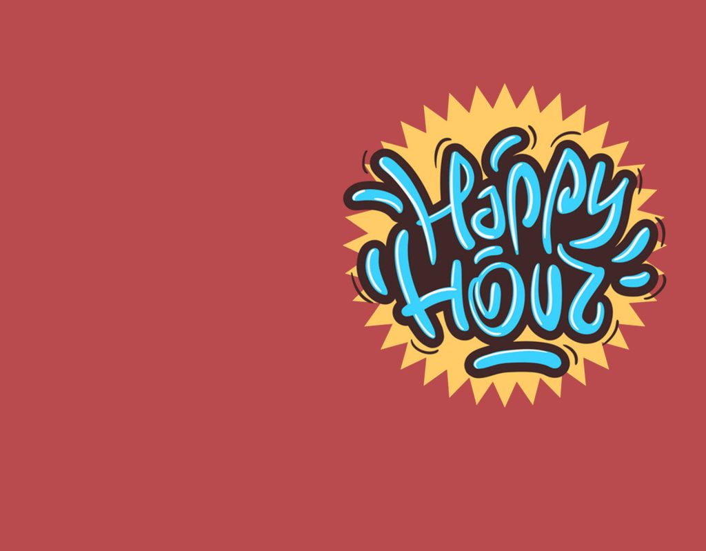 Happy Hour digital illustration vibrant bubble typography retro yellow starburst red background wallpaper