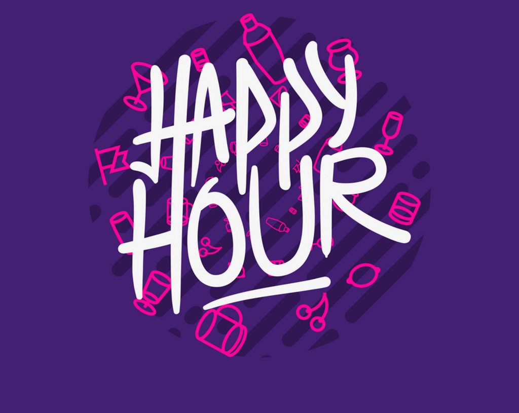 Happy Hour digital illustration with bold white lettering and pink cocktail icons on purple background Wallpaper