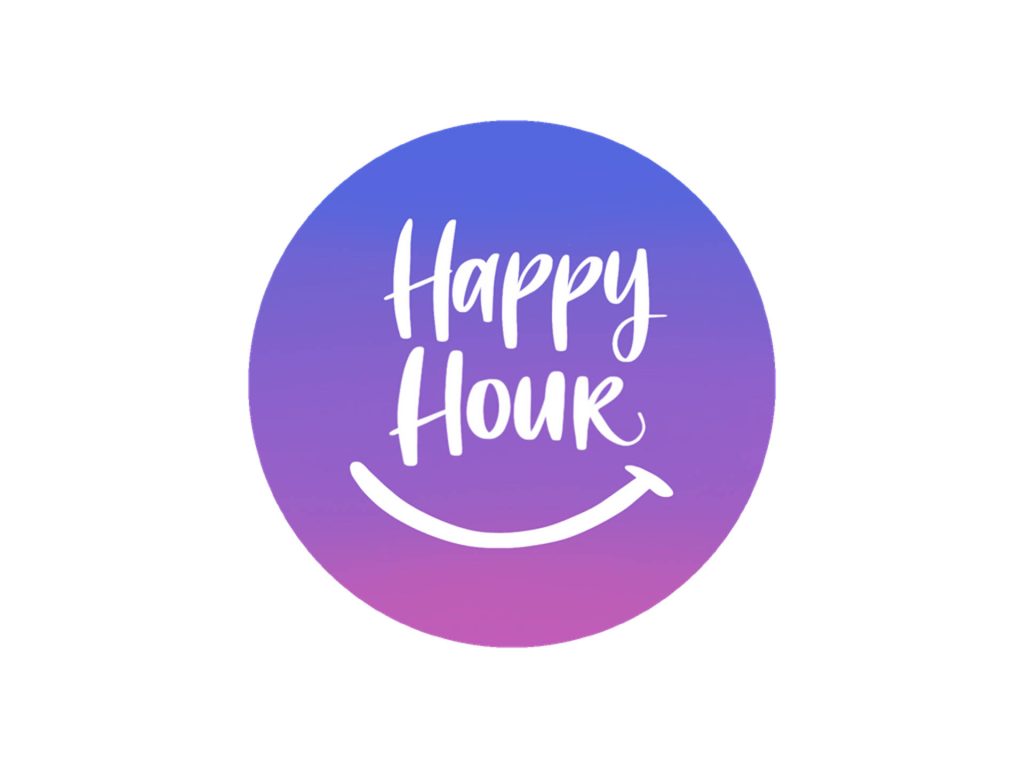 Minimalist Happy Hour icon with white script and smile on vibrant blue to purple gradient background Wallpaper