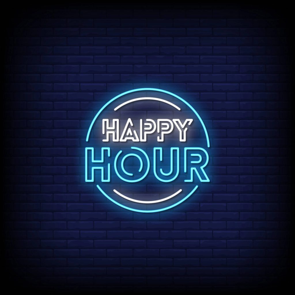Vibrant Happy Hour neon sign with glowing white and blue text on dark brick wall background Wallpaper