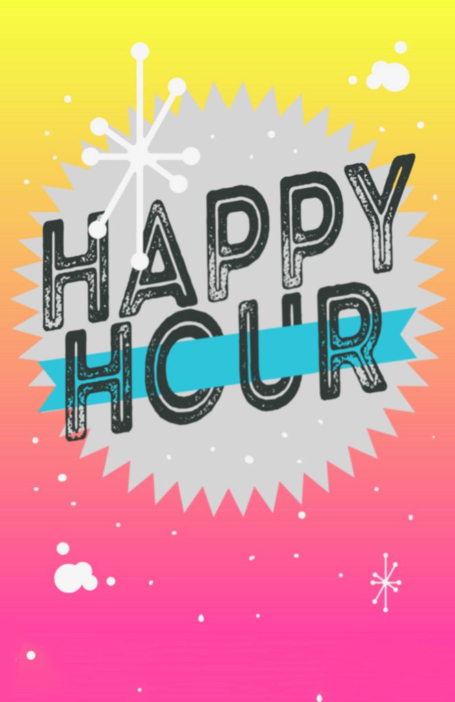 Retro digital art wallpaper Happy Hour text gray starburst blue ribbon yellow pink gradient