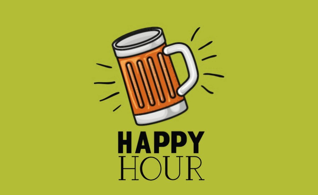 Happy Hour wallpaper with cartoon beer mug on light green background festive minimalist design