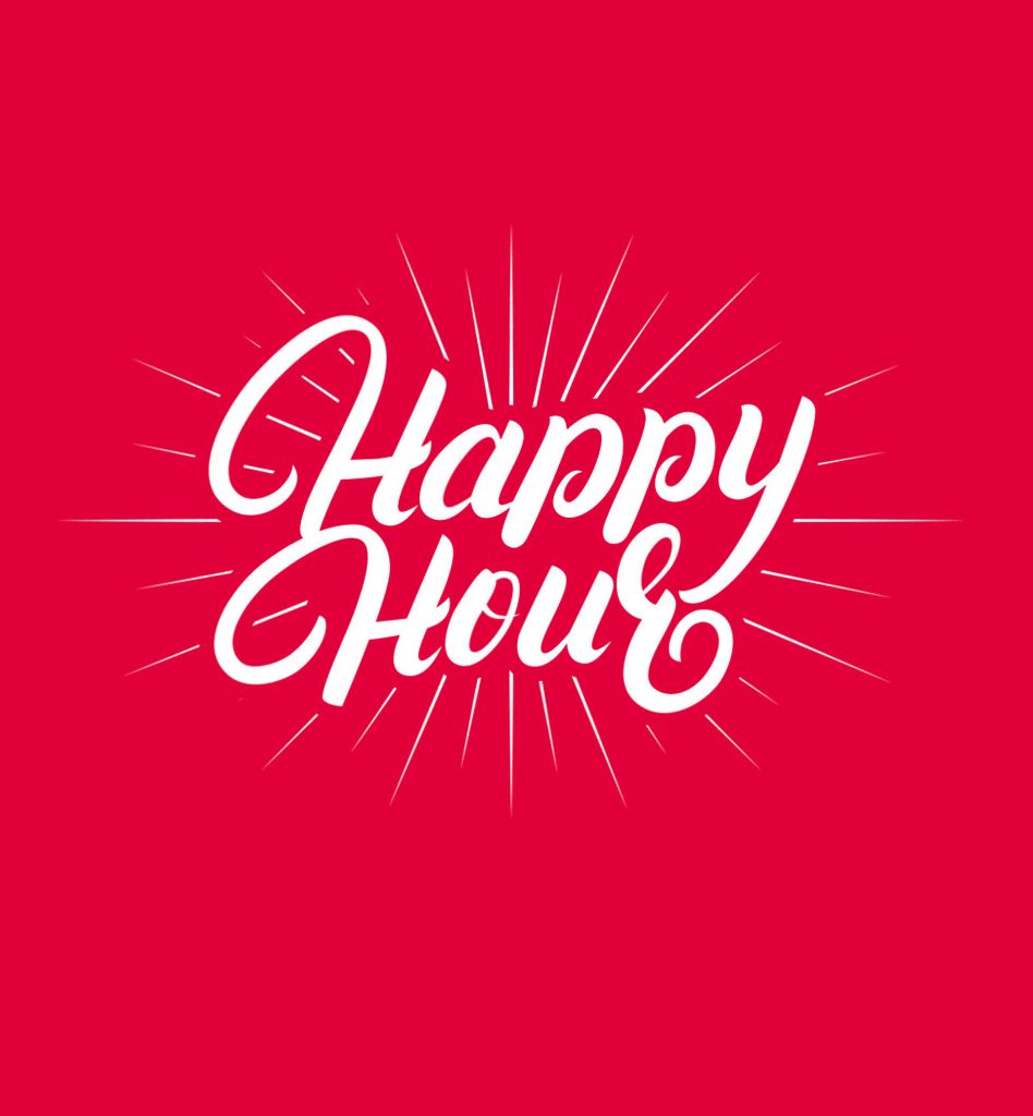 Happy Hour wallpaper with elegant white script on bold red starburst background digital display