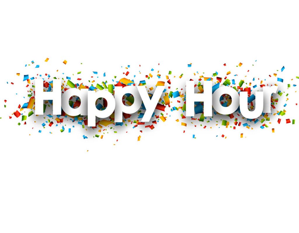 Happy Hour wallpaper with bold white text and colorful confetti on clean white background