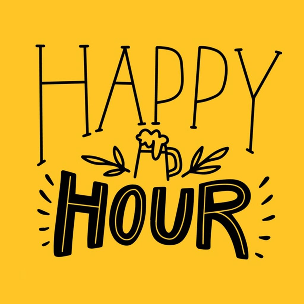 Bright yellow Happy Hour wallpaper with minimalist black text beer mug leaves and accents