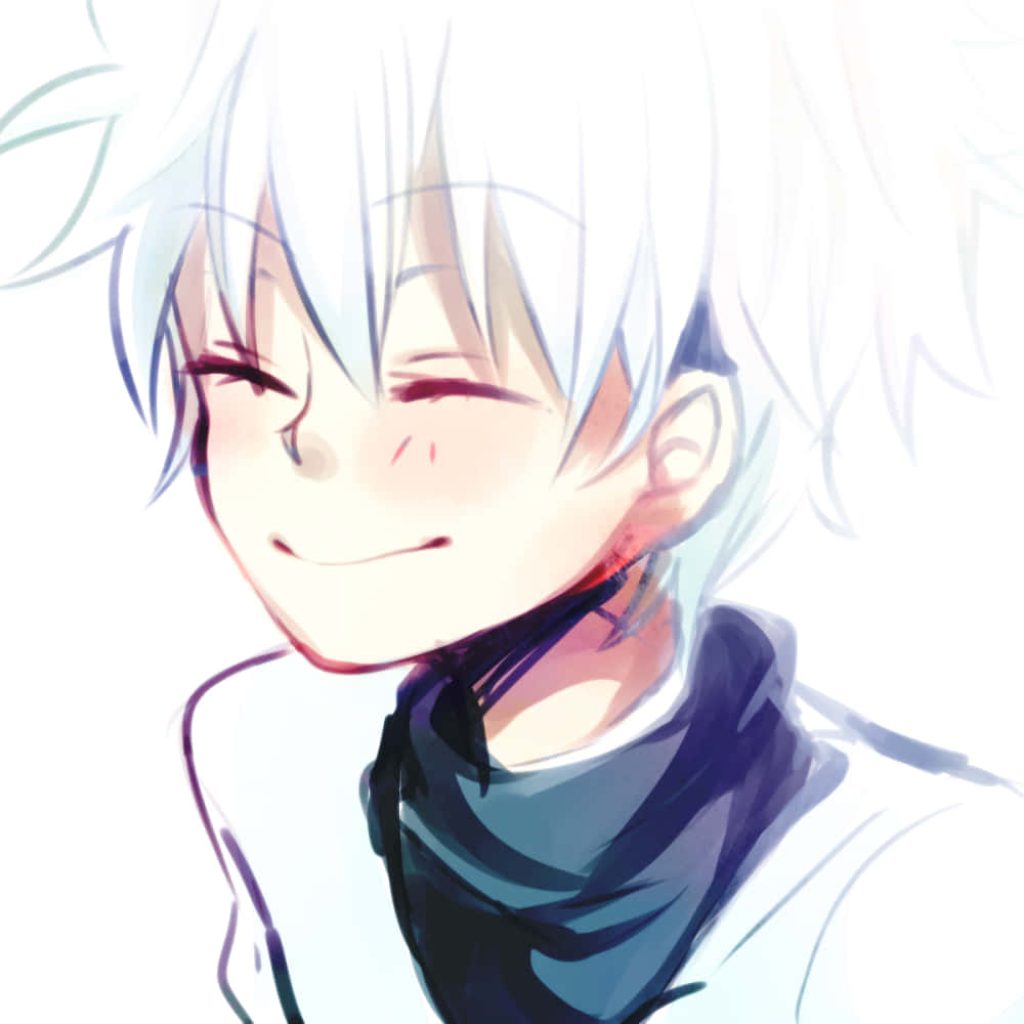 Happy Killua Zoldyck with white hair smiling eyes closed soft-focus Hunter x Hunter wallpaper background