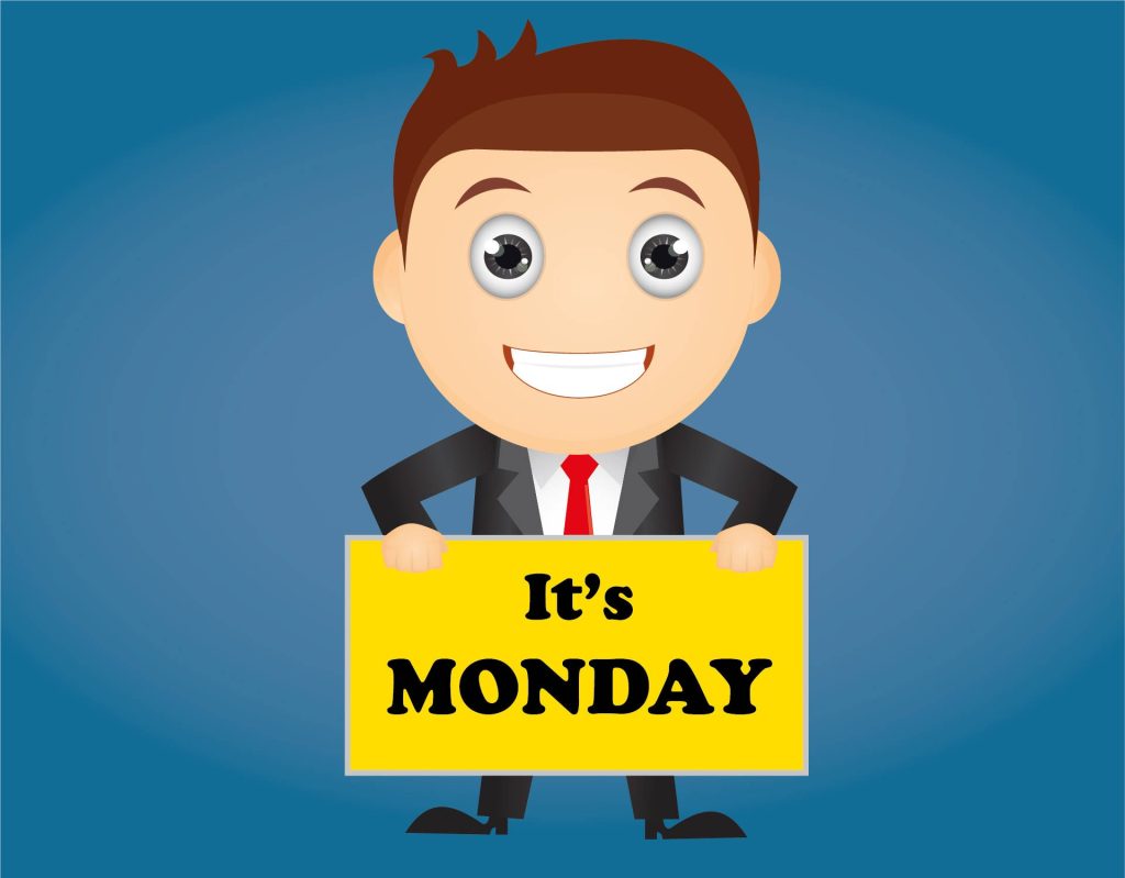 Happy businessman holding bright Monday sign on vibrant blue background cheerful wallpaper