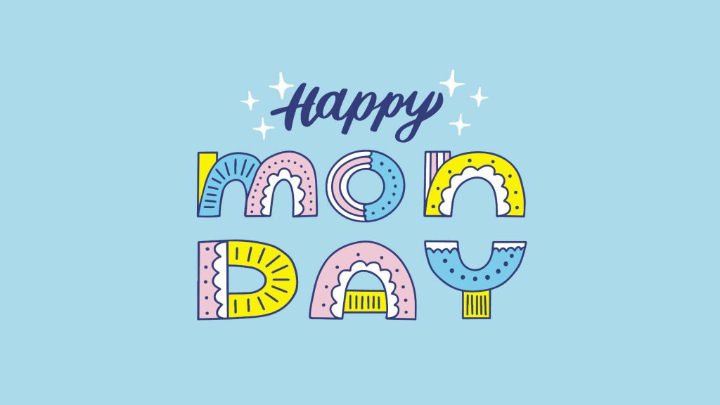Happy Monday wallpaper with donut typography pastel pink yellow soft blue background stars