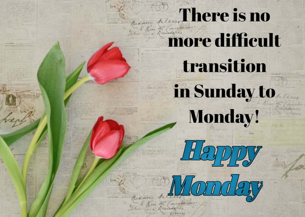 Happy Monday graphic with red tulips on vintage newspaper and handwritten script background wallpaper