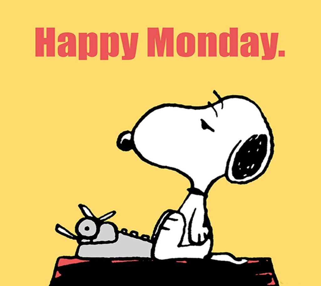 Happy Monday Snoopy typing at desk retro Peanuts wallpaper vibrant yellow background desktop