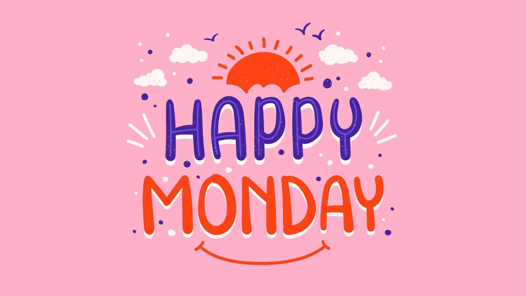 Happy Monday wallpaper with colorful text smiling sun fluffy clouds and birds on pink background