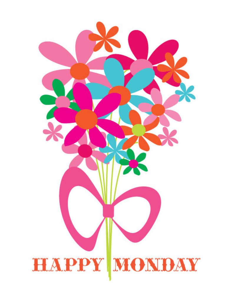 Happy Monday wallpaper bright bouquet pink blue orange flowers playful bow white background