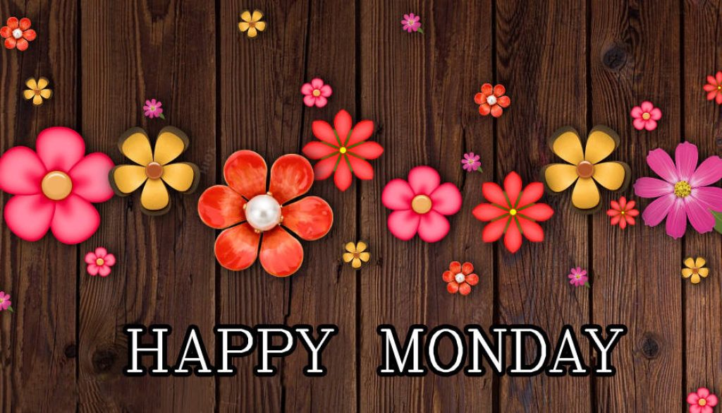 Happy Monday wallpaper with vibrant red pink yellow flowers on rustic dark wood background