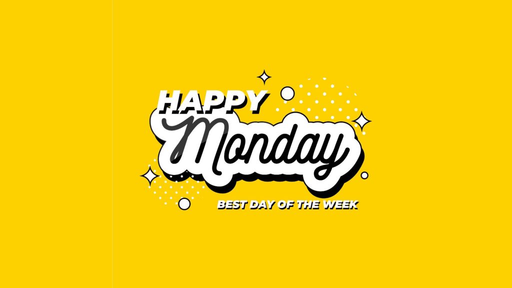 Happy Monday wallpaper with bold text sparkles and white polka dots on bright yellow background