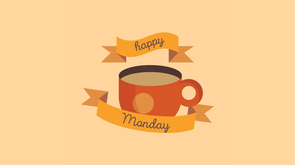 Happy Monday wallpaper with minimalist coffee mug on peach background and yellow ribbon banner