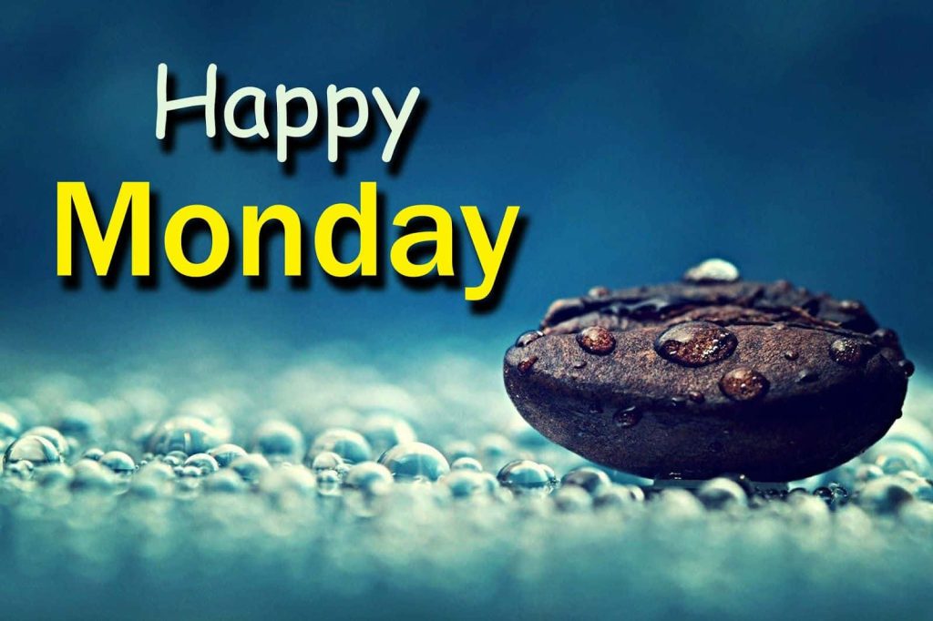Macro close-up of wet coffee bean with water drops on deep blue Happy Monday wallpaper background