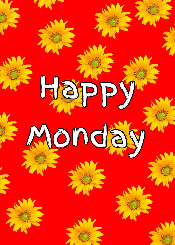 Happy Monday wallpaper with yellow sunflowers on red background cheerful digital design