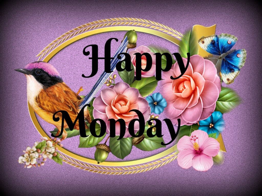 Happy Monday wallpaper with elegant bird pink roses blue butterfly on soft purple background