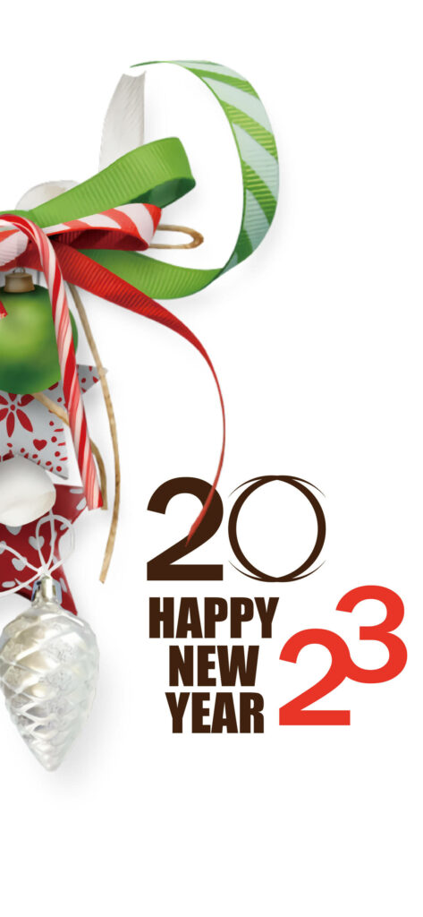 Festive New Year 2023 wallpaper with stylish ribbons ornaments and modern typography greeting