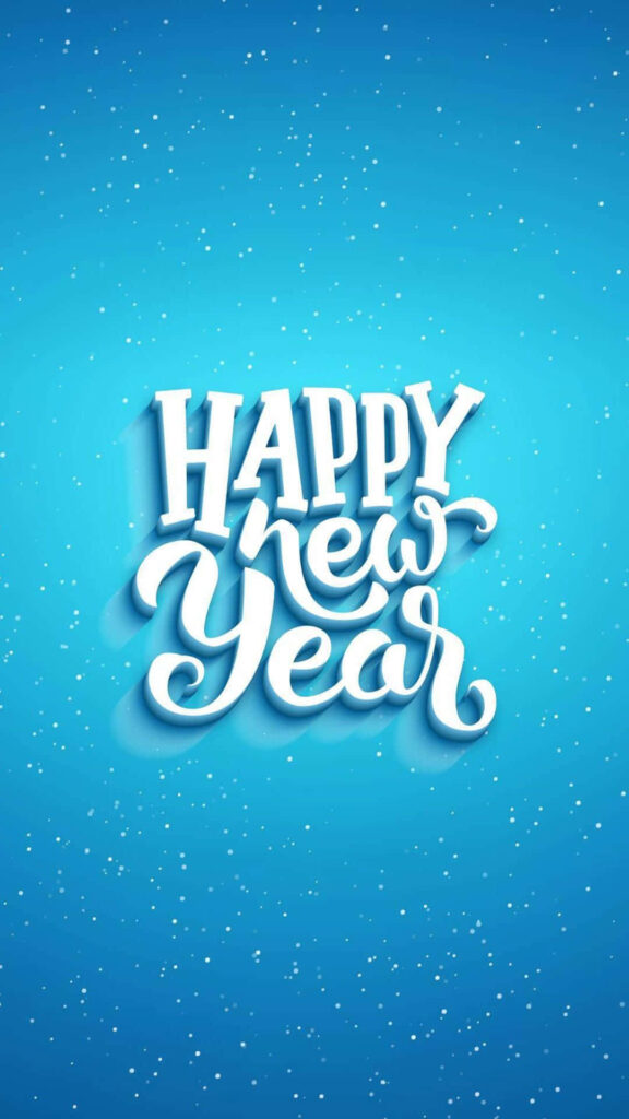 Happy New Year wallpaper with bold white text on bright blue background and festive white dots