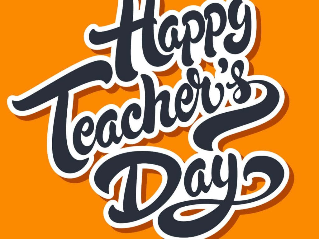 Happy Teachers Day card with bold hand-lettered text on vibrant orange background wallpaper design