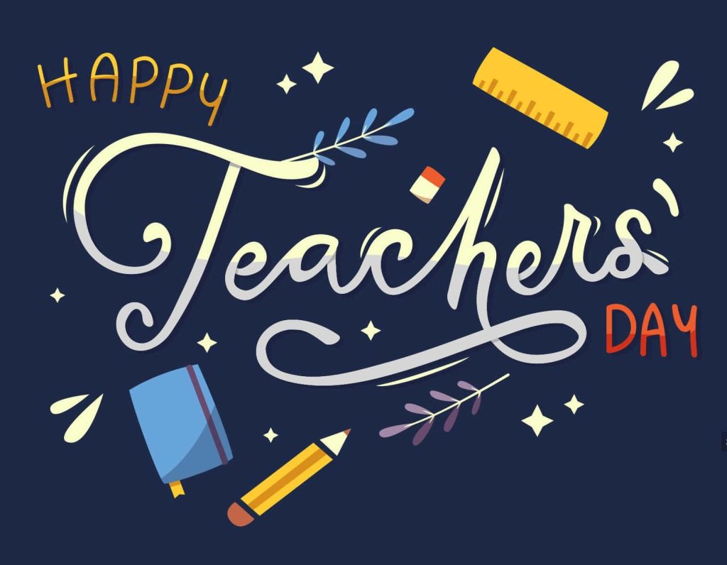 Happy Teachers Day wallpaper with white calligraphy navy background pencil ruler notebook stars