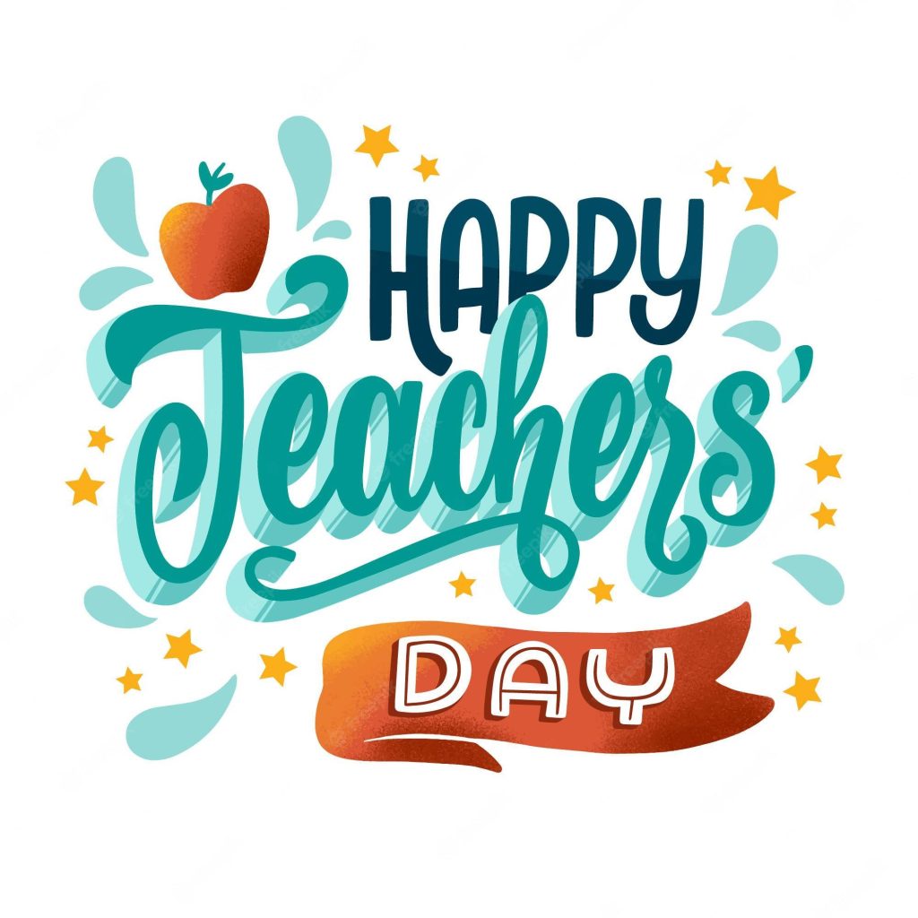 Happy Teachers Day wallpaper with playful teal navy text red apple yellow stars blue splashes