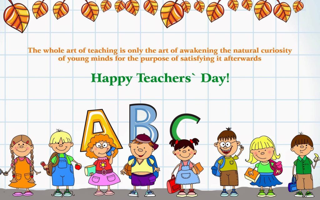 Cheerful cartoon pupils under giant ABC letters autumn leaves Happy Teachers Day wallpaper background