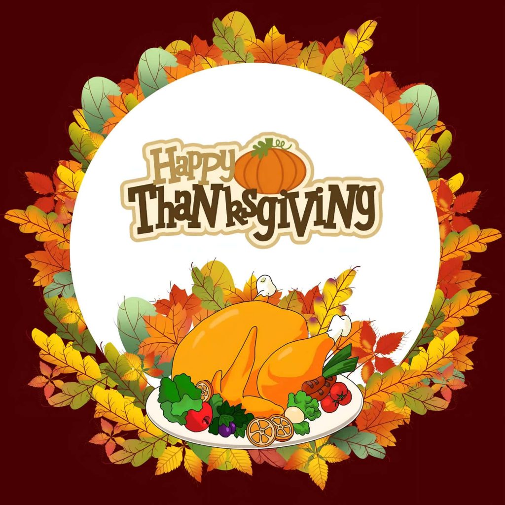 Thanksgiving sticker with roasted turkey, autumn wreath, pumpkin, and Happy Thanksgiving greeting Wallpaper