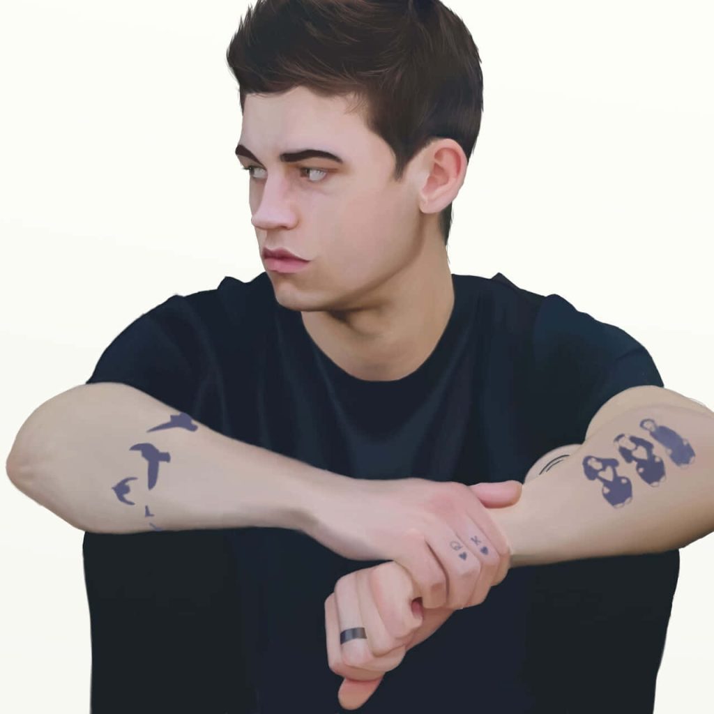 Minimalist digital illustration of Hardin Scott with forearm tattoos in a pensive pose wallpaper