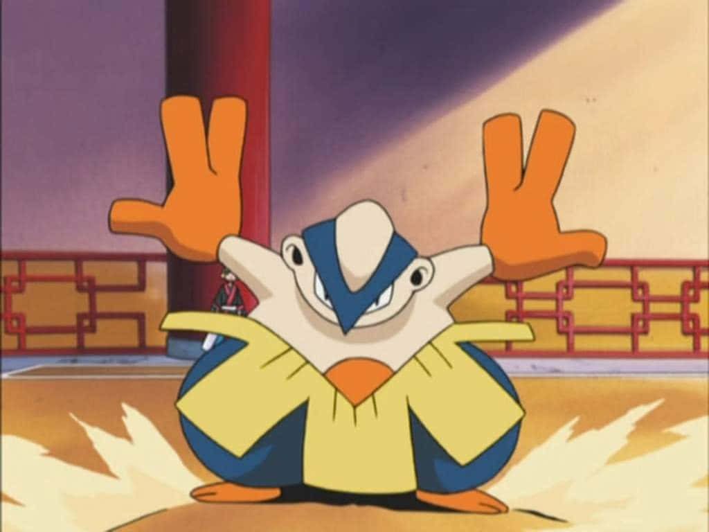 Hariyama Fighting-type Pokémon in dynamic battle stance inside traditional dojo anime wallpaper background