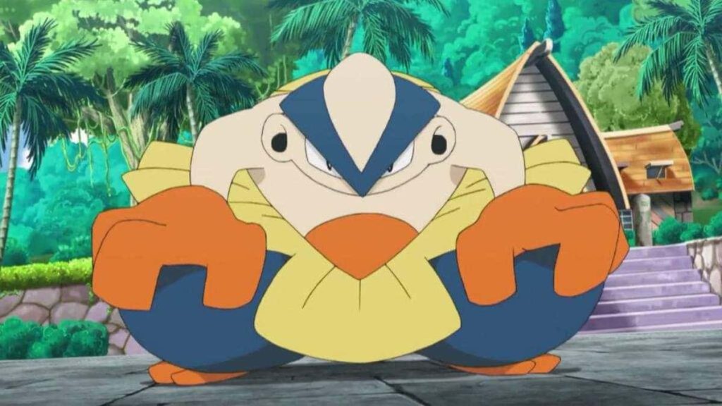 Hariyama in battle stance with tropical palm trees and rustic wooden building anime wallpaper background