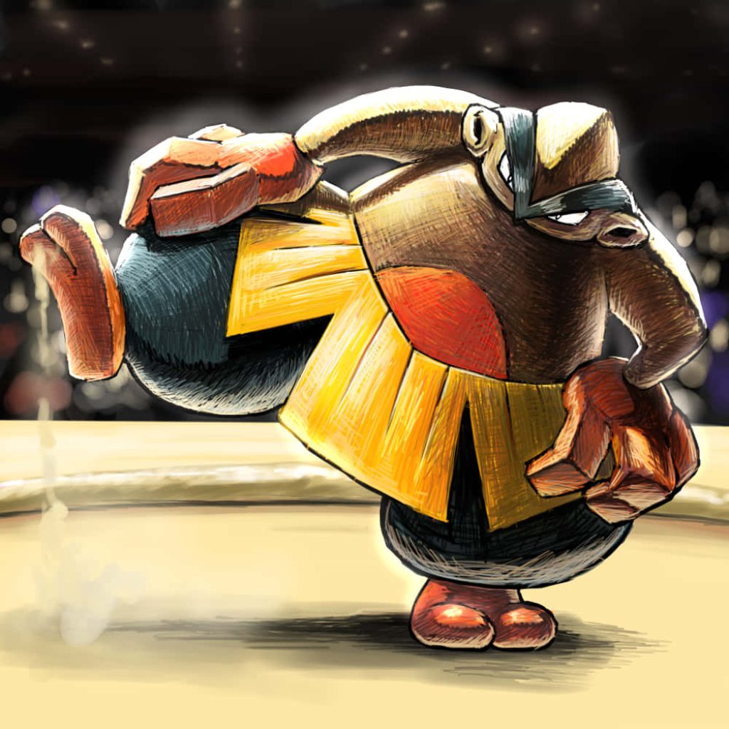 Dynamic sketch-style wallpaper of sumo-wrestler Pokémon Hariyama in battle arena