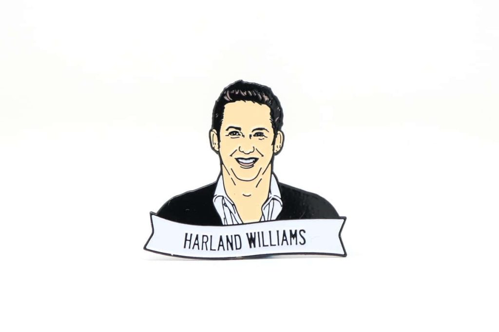 Harland Williams cartoon portrait enamel pin style minimalist wallpaper with name banner on white