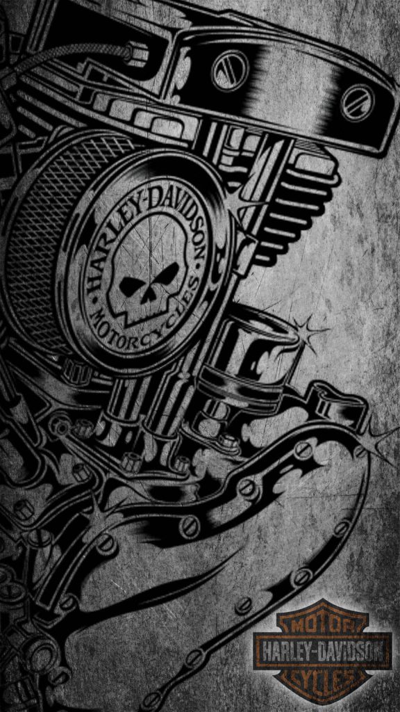 High contrast Harley-Davidson engine sketch wallpaper with skull air cleaner for biker backgrounds