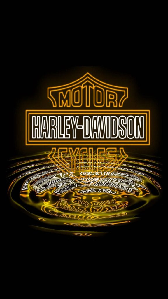 Harley-Davidson neon orange logo with liquid reflection on black background digital art wallpaper