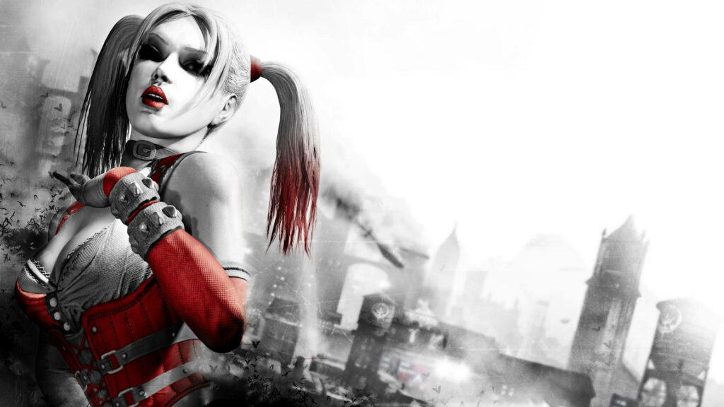 Harley Quinn Wallpaper: Iconic Color Against Grayscale Gotham City