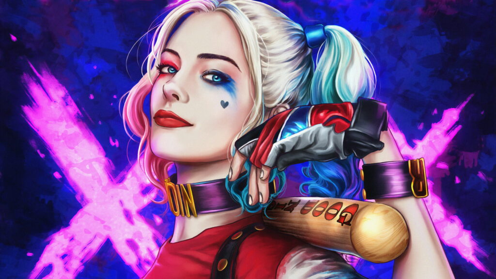Harley Quinn digital illustration with pigtails heart tattoo baseball bat blue pink background wallpaper