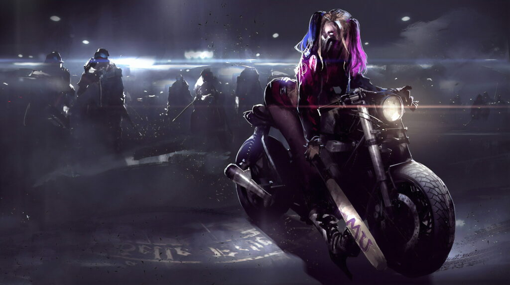 Vibrant Superhero Art: Harley Quinn Cruising on her Motorcycle Wallpaper