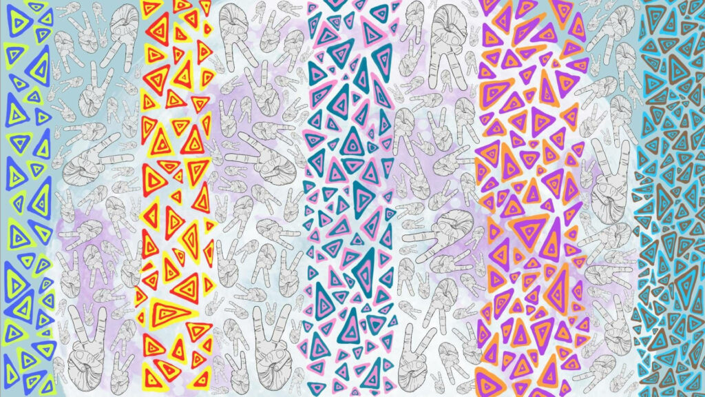 Peaceful Triangles: A Vibrant Indie Kid Wallpaper Showcasing Hand Peace Symbols and Colorful Geometric Patterns